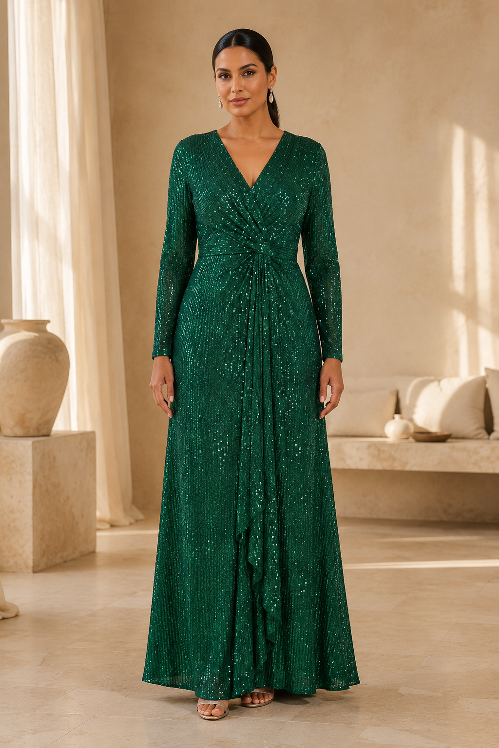 Langärmeliges Paillettenkleid mit drapiertem Vorderrock