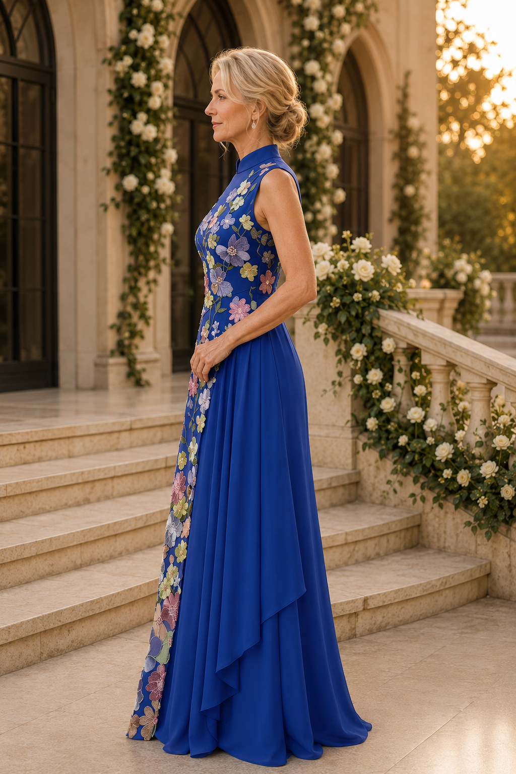 Abendkleid im A-Linien-Schnitt mit Blumenstickerei und hohem Kragen