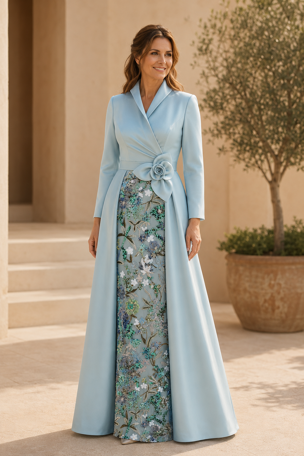 Langärmliges A-Linien-Kleid mit floralem Unterrock