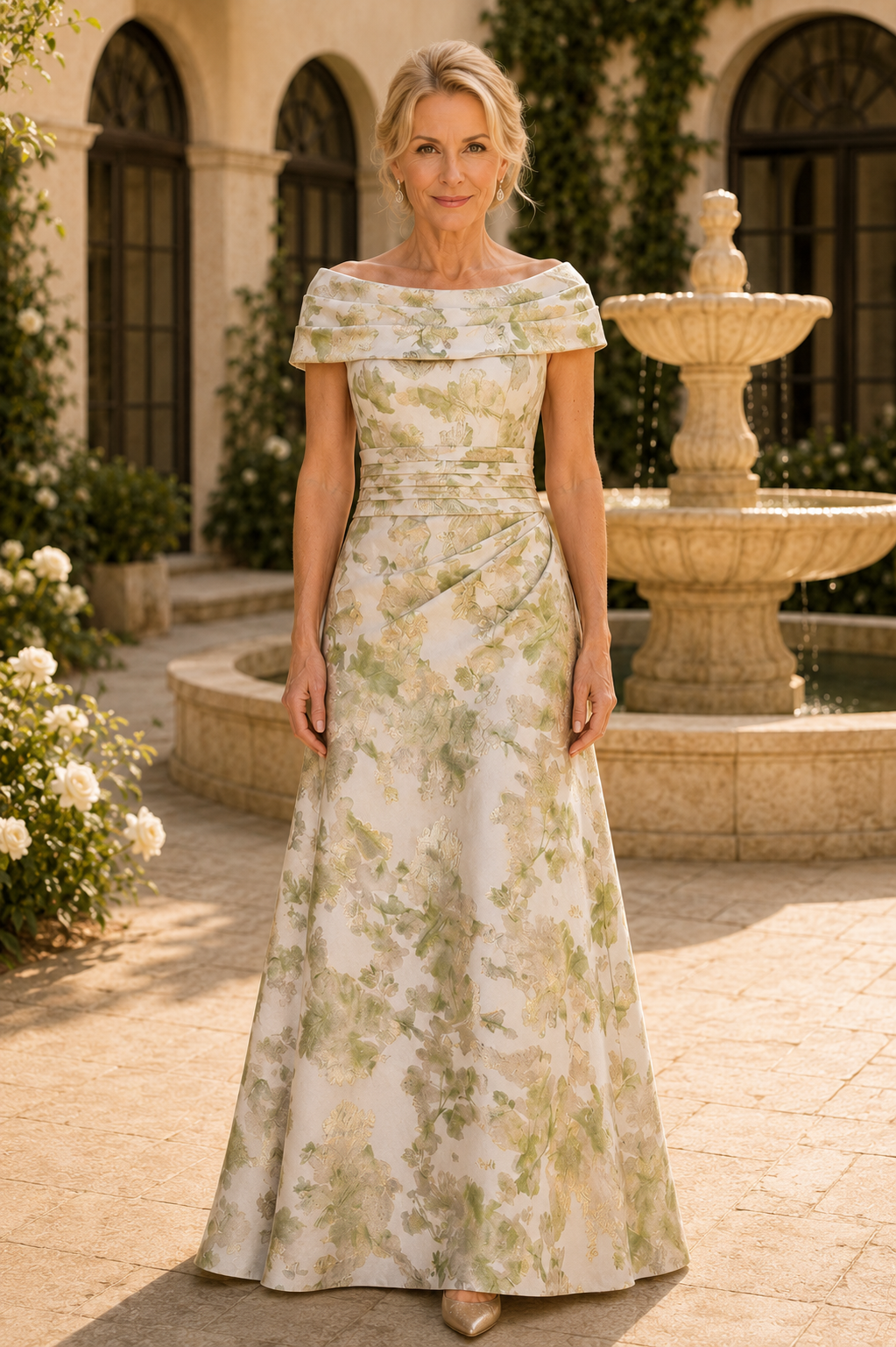 Plissiertes, schulterfreies A-Linien-Kleid mit Blumenmuster