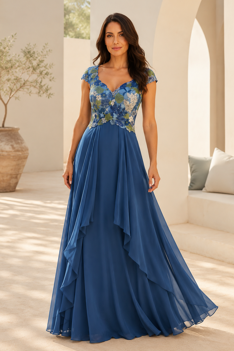 Geblümtes, besticktes A-Linien Abendkleid mit kurzen Ärmeln