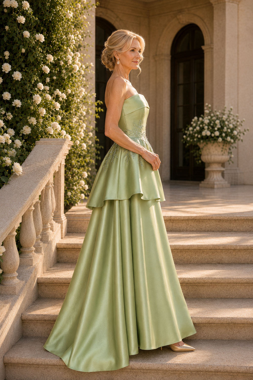 Trägerloses, gestuftes Satin-Abendkleid mit Stickereien