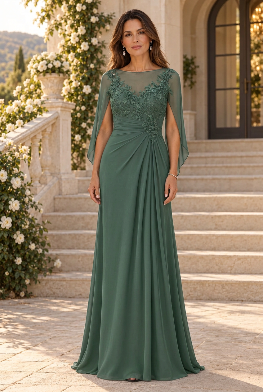 Illusion Neckline Cape Evening Gown with Appliques
