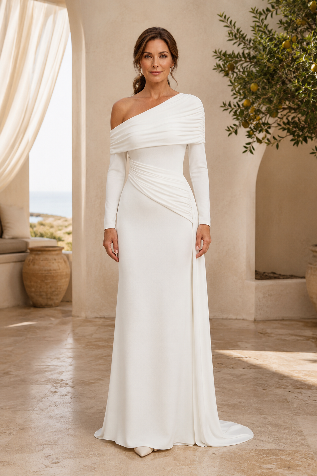Ärmelloses Abendkleid mit Raffungen und One-Shoulder-Träger