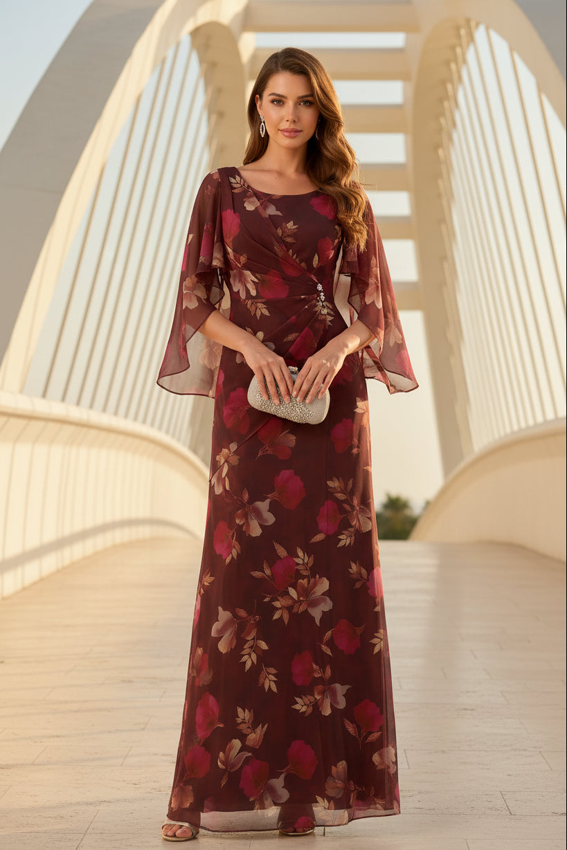 Geblümtes Chiffon-Kleid mit Cape-Ärmeln und bodenlangem Schnitt
