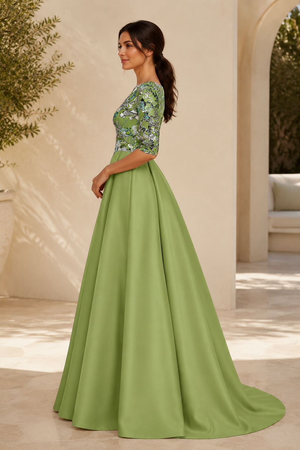 Geblümtes, besticktes Satin-A-Linien-Kleid mit 3/4-Ärmeln
