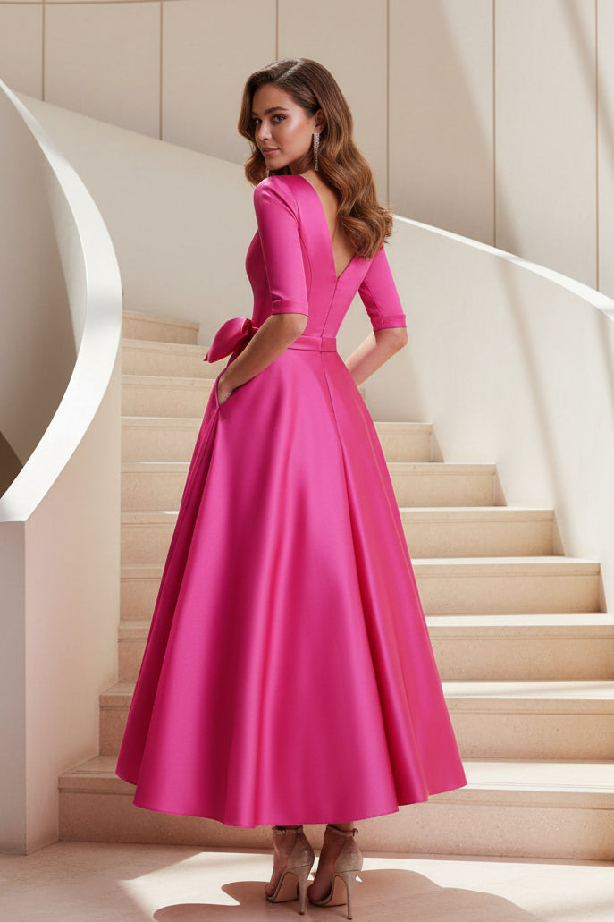 Satin-Midi-A-Linien-Kleid mit V-Ausschnitt und Schleifengürtel