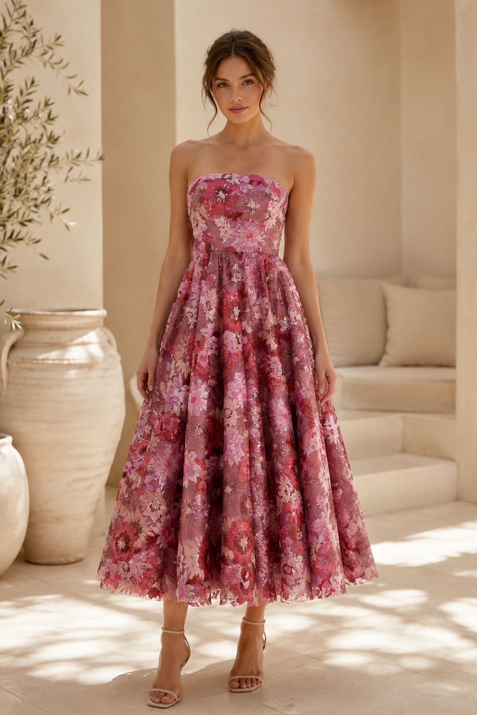 Trägerloses, blumenbesticktes Teelängen-Kleid