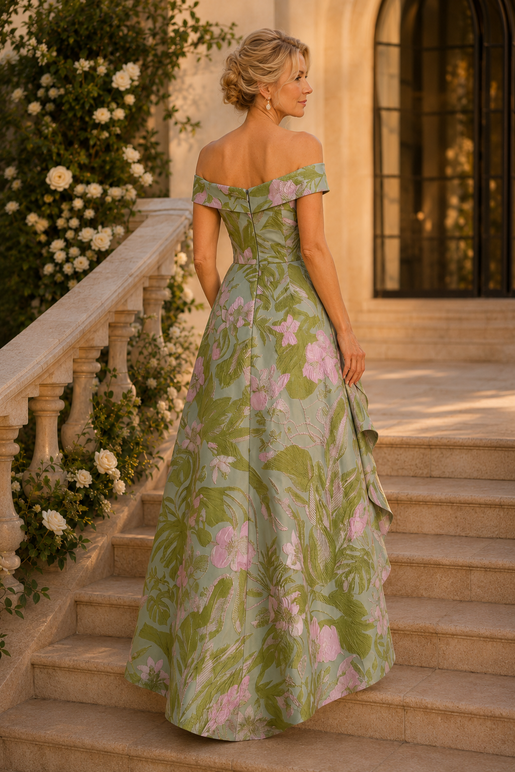 Schulterfreies, gestuftes Abendkleid aus floralem Jacquard