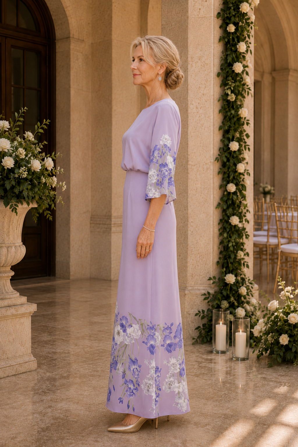 Maxikleid mit Blumenmuster am Saum und 3/4-Ärmeln