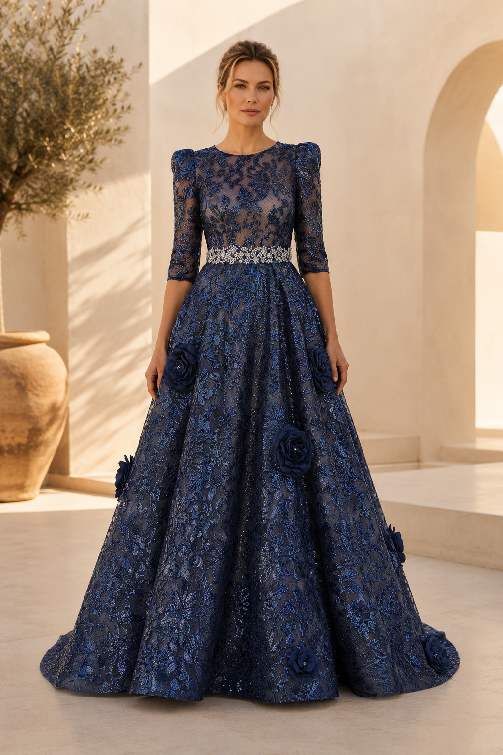 3D-Blütenapplikationen-Spitzenkleid mit Perlenbund
