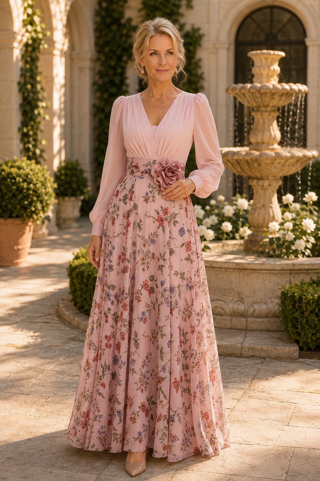 Geblümtes A-Linien-Maxikleid mit langen Ärmeln