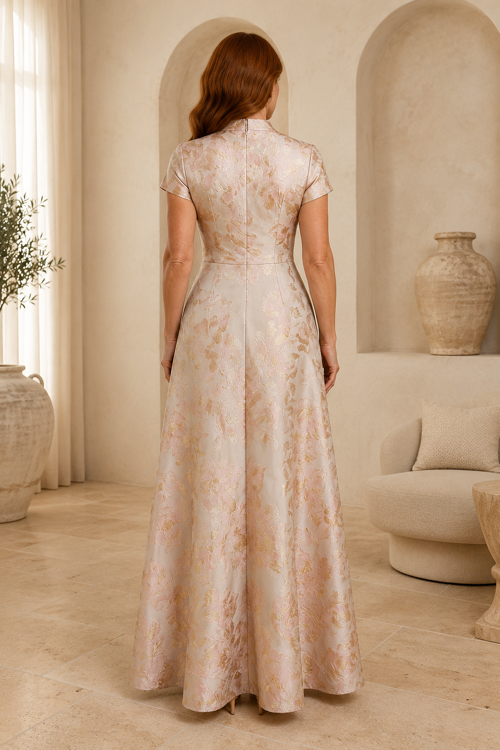 Florales Jacquard A-Linien Wickelkleid mit Stehkragen