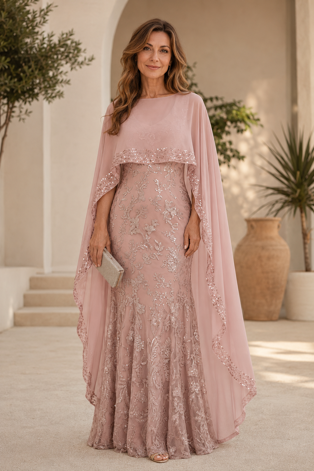 Besticktes Pailletten-Abendkleid mit Capelet