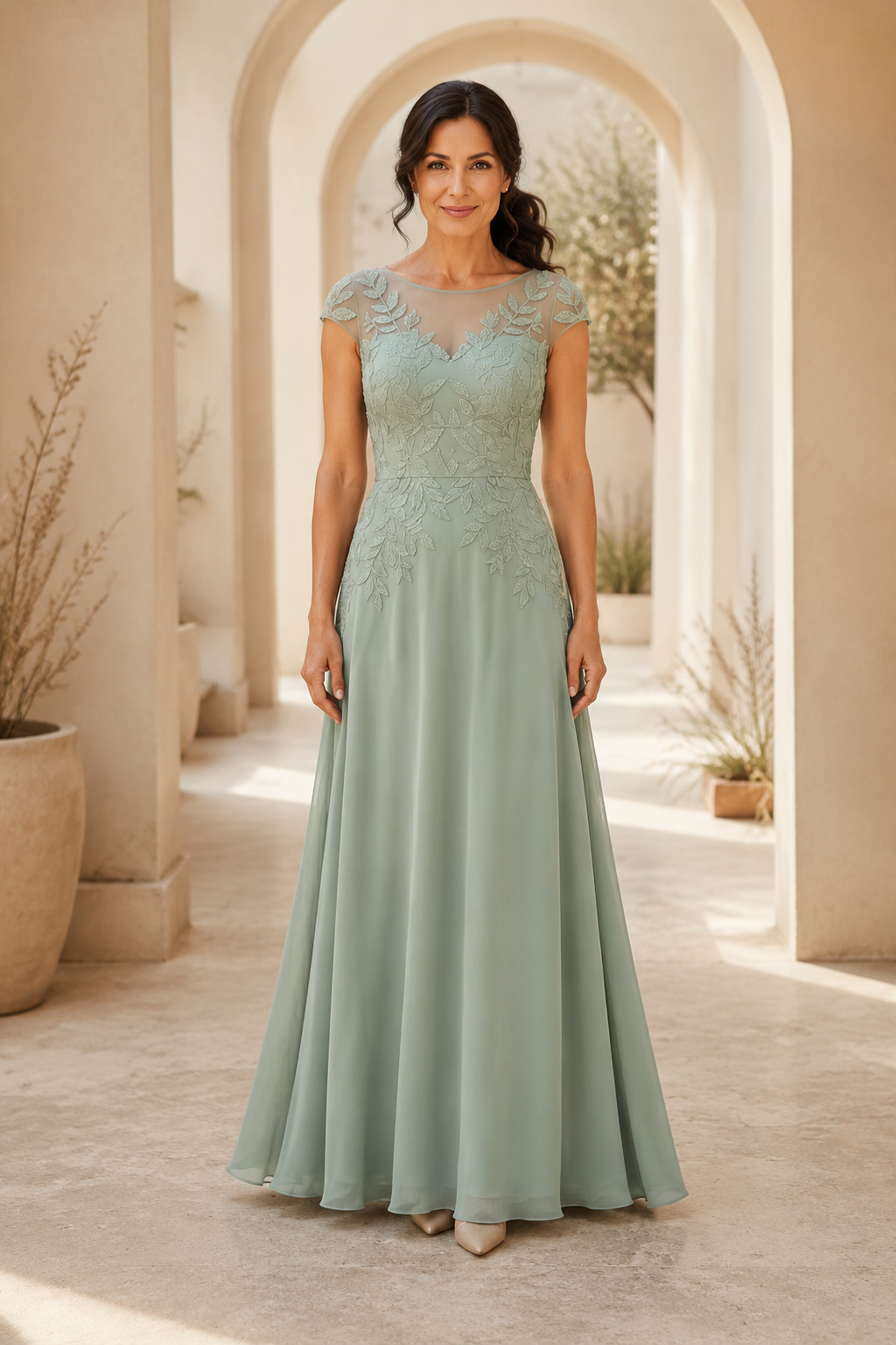 A-Linien-Kleid mit Illusionsausschnitt und Blattspitzenapplikationen