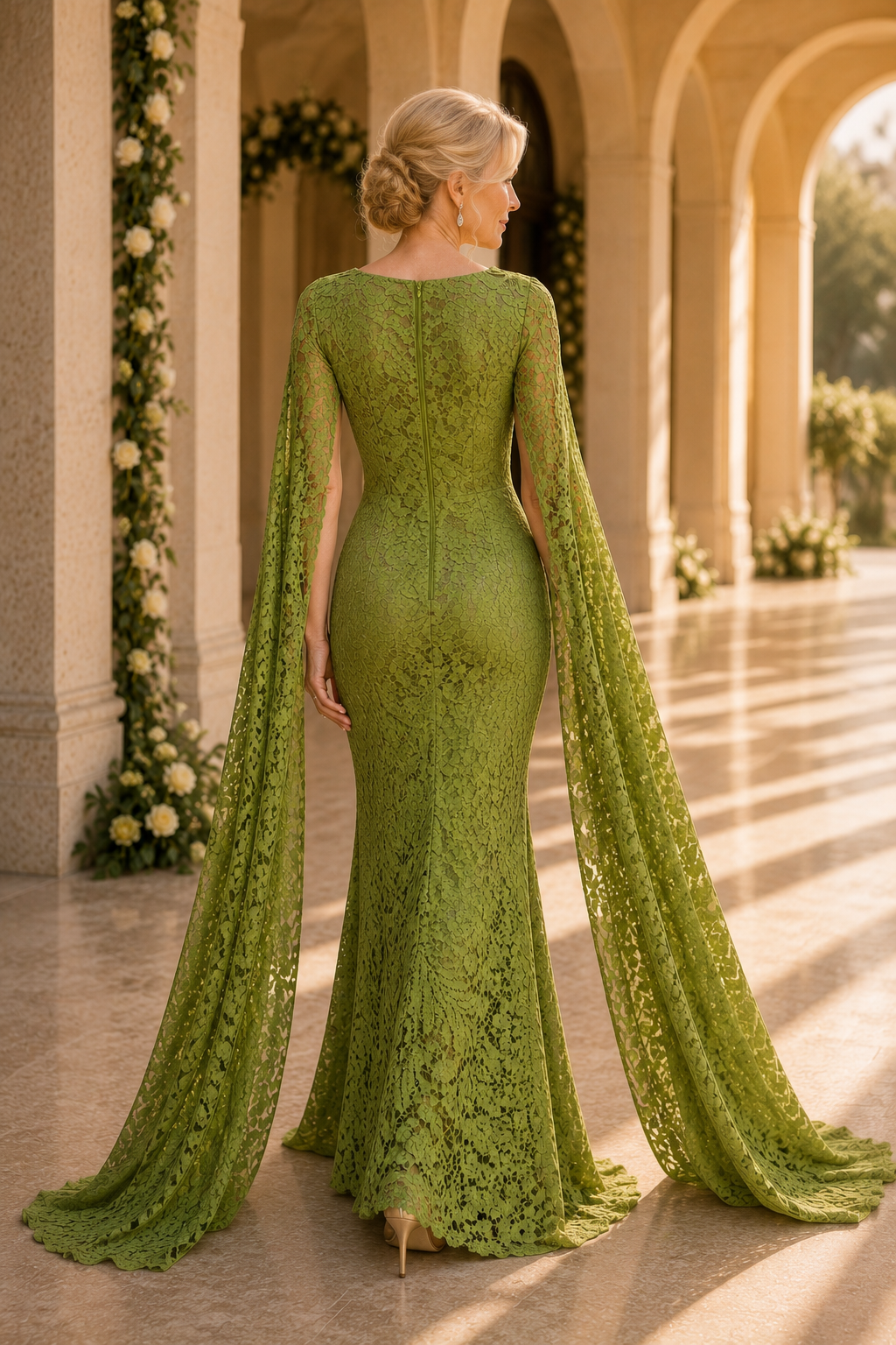 Abendkleid mit Meerjungfrauen-Silhouette, Spitze und Flügelärmeln