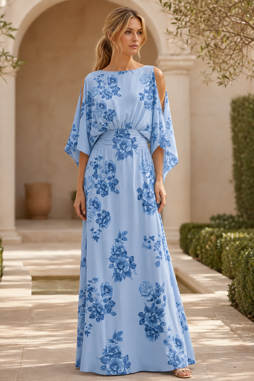 Maxikleid mit Blumenmuster, Cold-Shoulder-Ärmeln und Fledermausärmeln