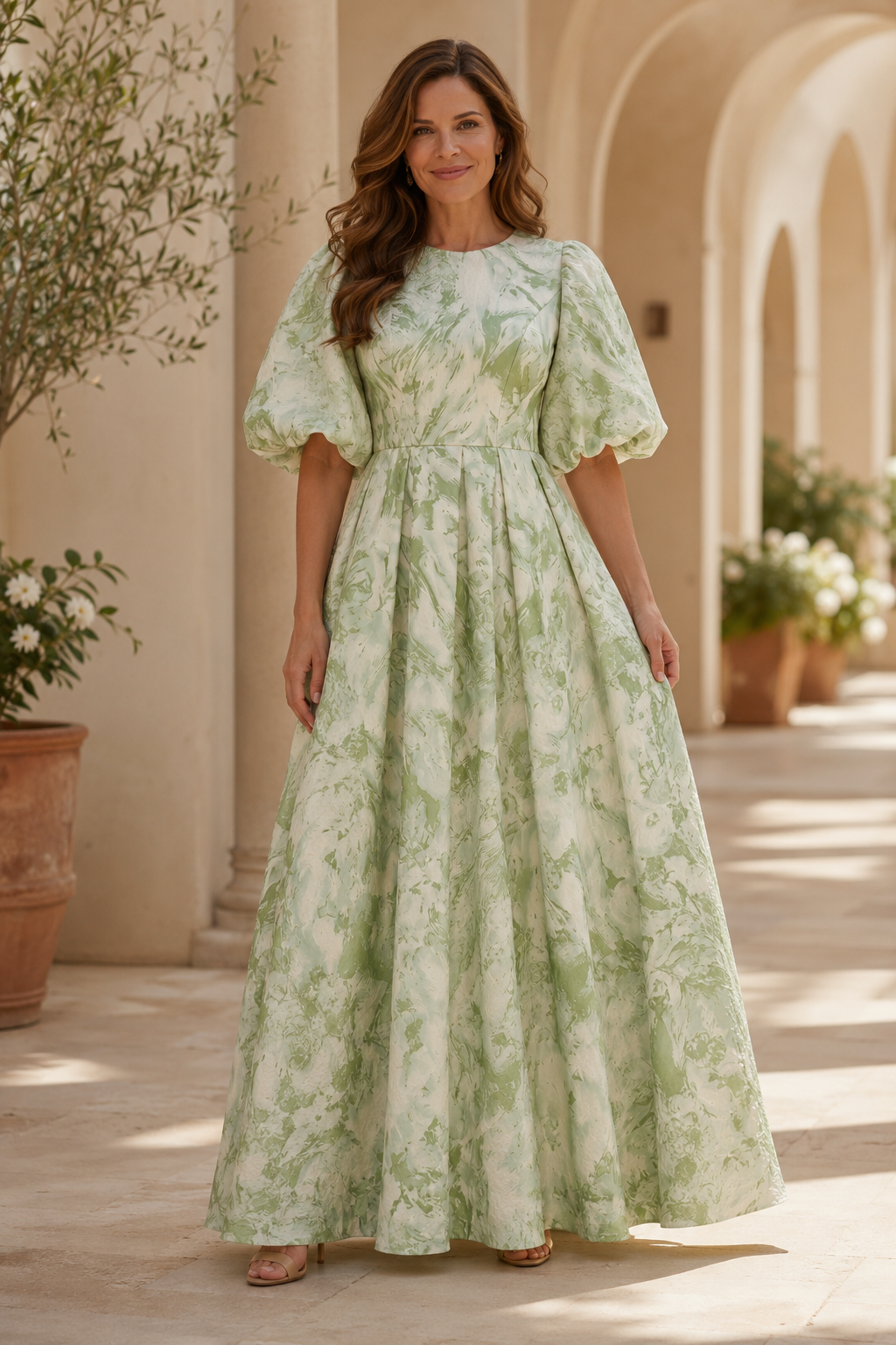 Geblümtes Maxikleid mit Puffärmeln und Falten im A-Linien-Schnitt