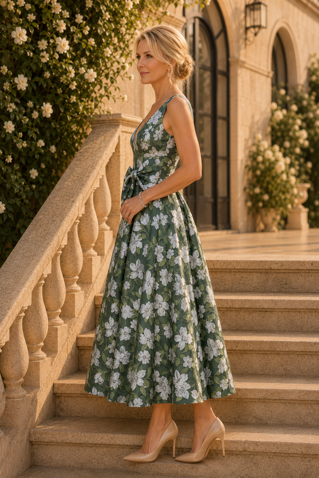 Geblümtes A-Linien-Kleid mit tiefem V-Ausschnitt und Schleife