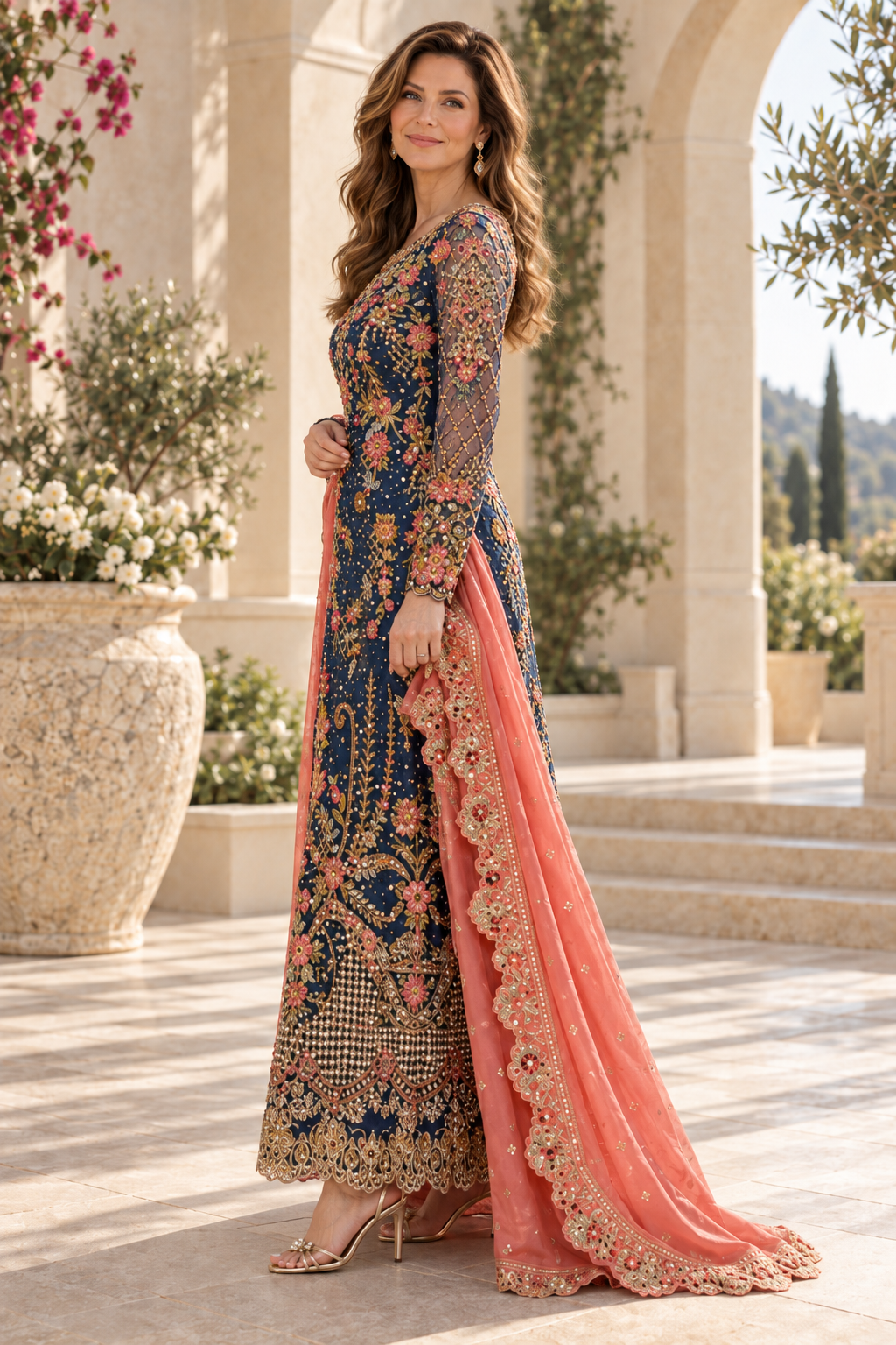 Embroidered Long Sleeve Gown with Scalloped Shawl