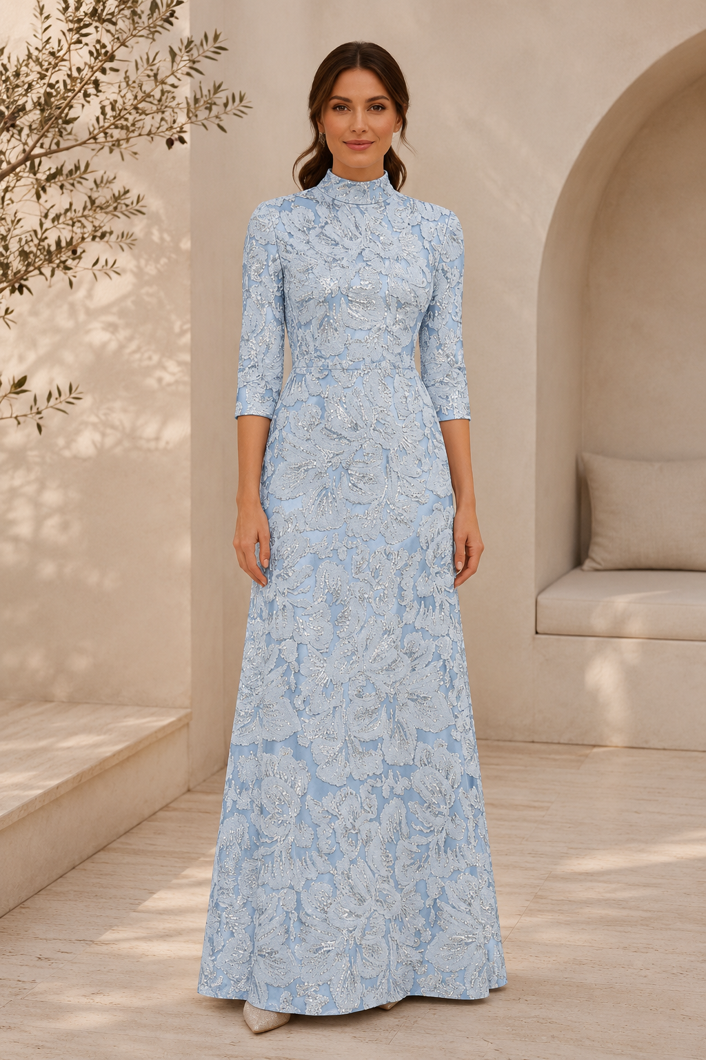 Hochgeschlossene Robe aus floralem Jacquard mit 3/4-Ärmeln