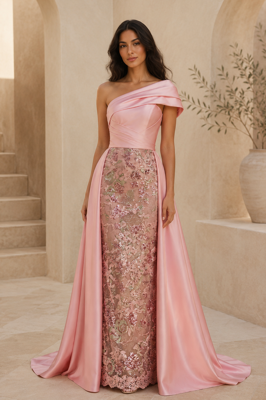 Blumenpaillettenkleid mit einer Schulter und Satin-Überrock
