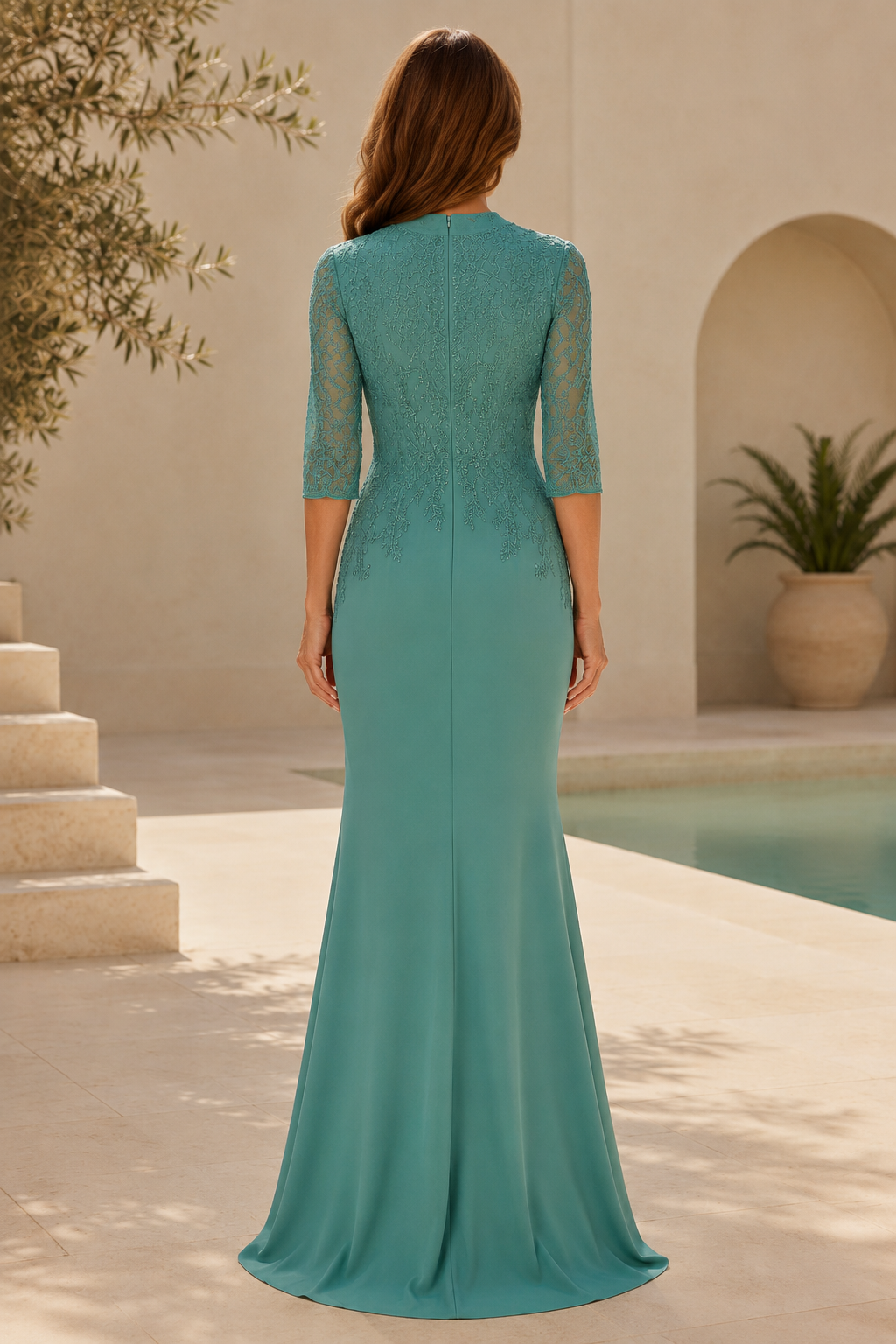 High-Neck-Kleid aus Illusionsspitze mit Beinschlitz