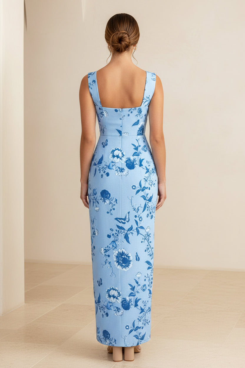 Maxikleid mit Blumenmuster, eckigem Ausschnitt und schmaler Silhouette