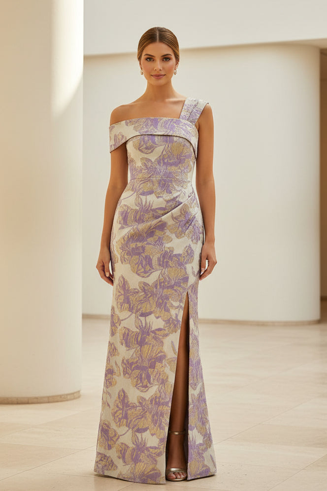 Blumiges Jacquard-Abendkleid mit One-Shoulder und Schlitz
