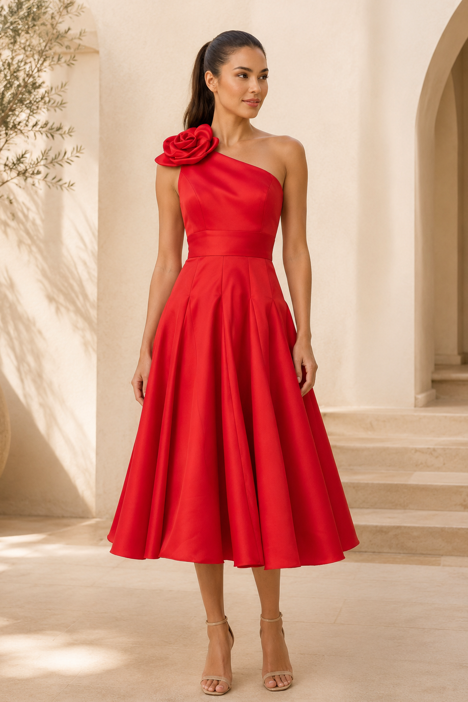 One-Shoulder-Satin-Midikleid mit Rosendetail