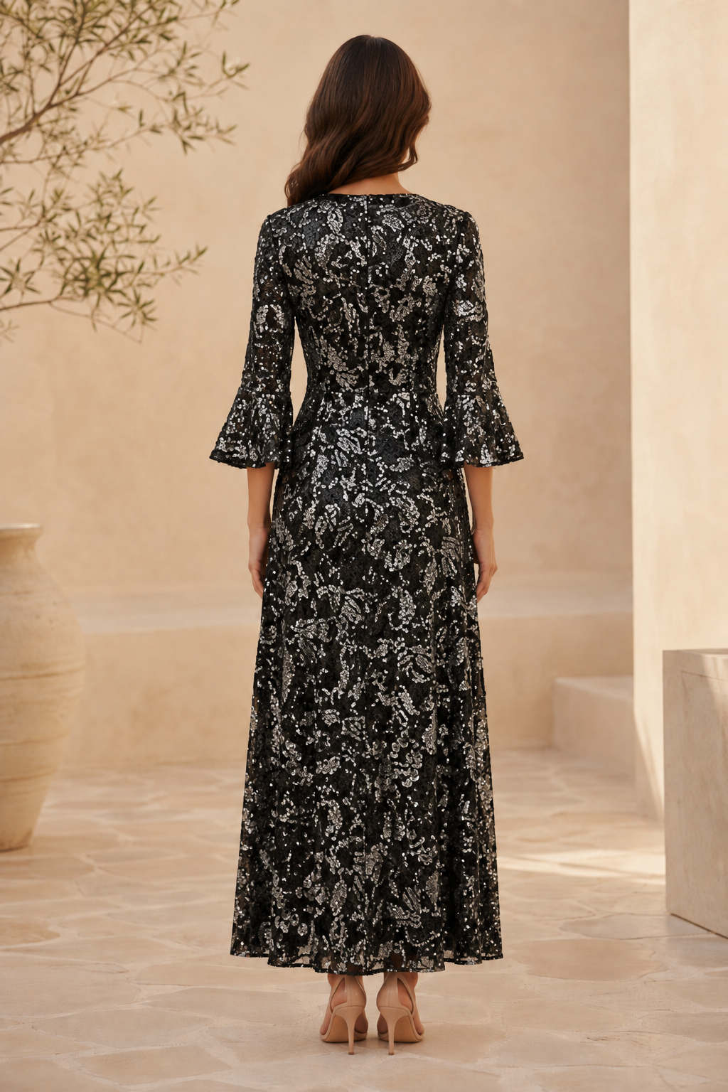 Paillettenbesetztes V-Ausschnitt A-Linien-Kleid mit Glockenärmeln