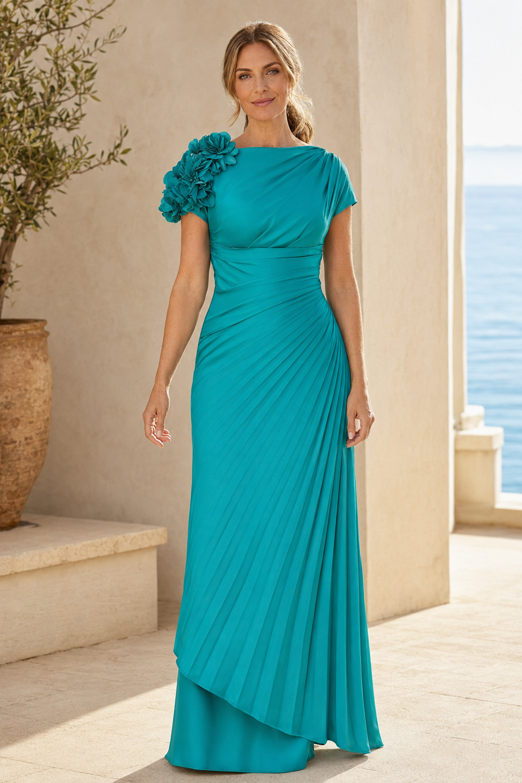 Falten-Säulenkleid mit 3D-Blumenapplikation an der Schulter
