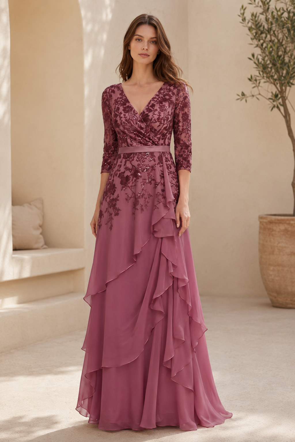 Abendkleid aus Chiffon mit Pailletten-Oberteil