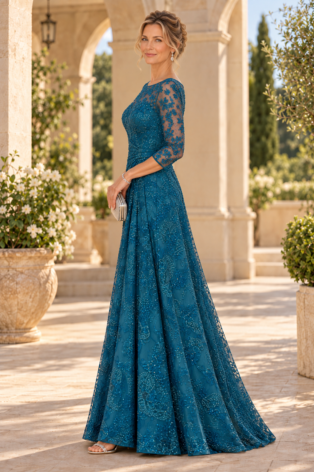 Embroidered Beaded A-Line Gown with 3/4 Sleeves