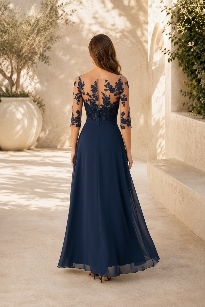 Abendkleid mit Illusionsspitzenapplikationen und asymmetrischem Rüschenrock