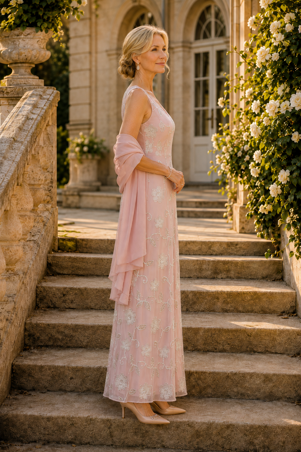 Ärmelloses, perlenbesticktes Maxi-Kleid mit Blumenmuster und Schal