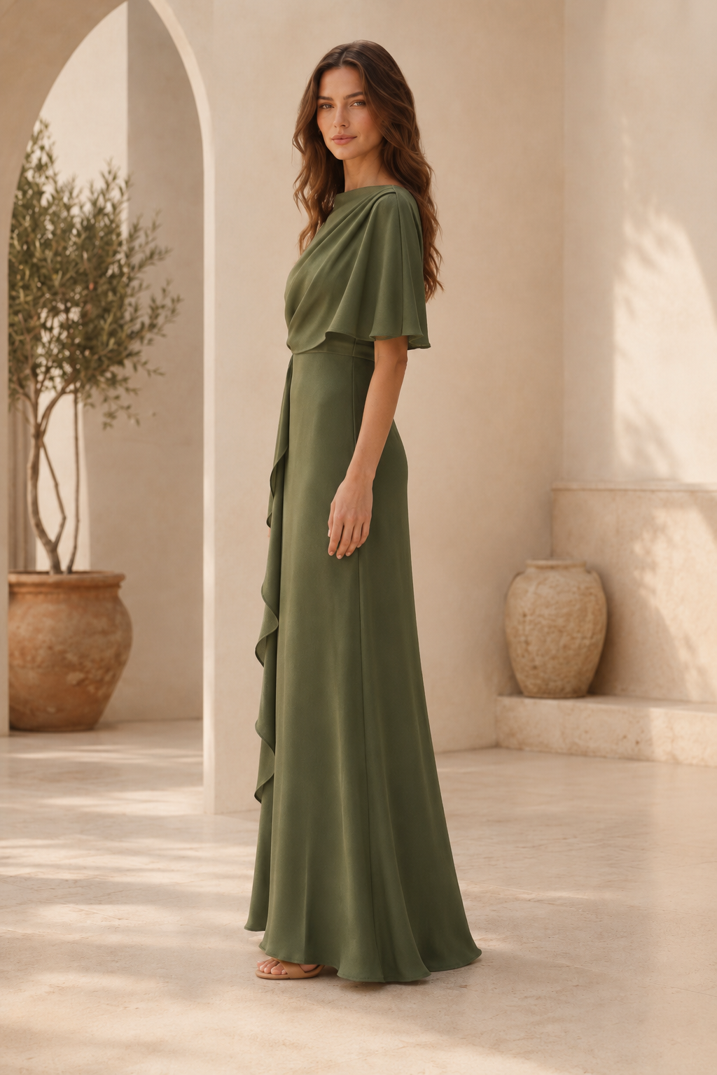 Etui-Abendkleid mit Bateau-Ausschnitt, Flügelärmeln und seitlicher Drapierung