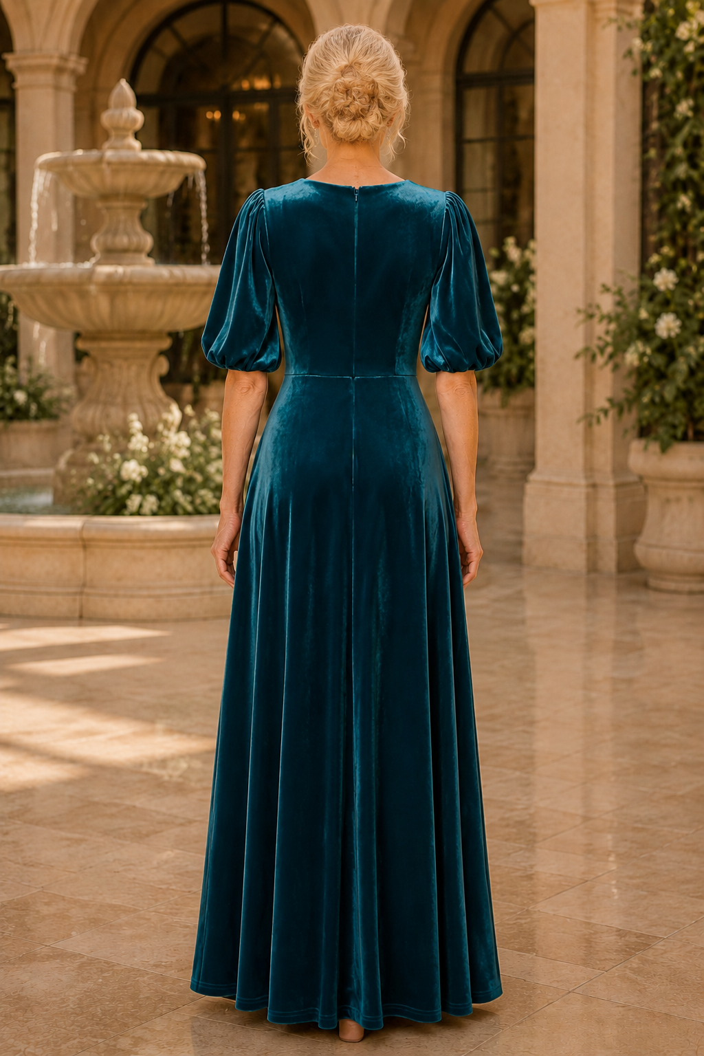 Samt-Maxikleid mit Puffärmeln in A-Linie