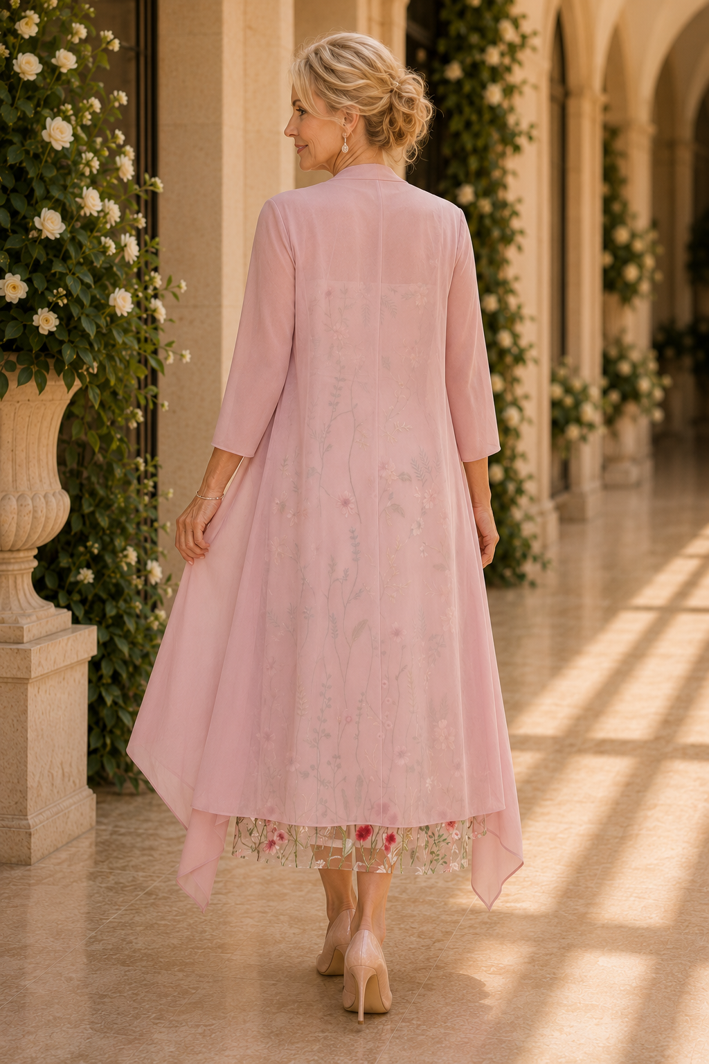 Blumengesticktes Midikleid mit langem Cardigan