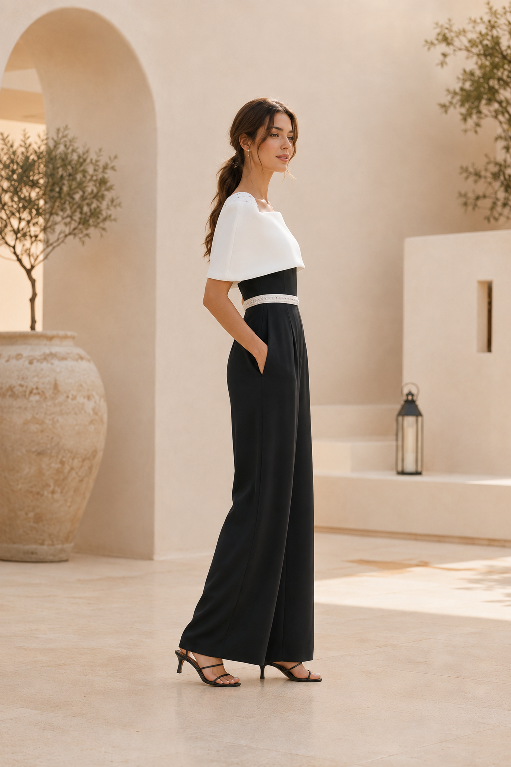 Overall mit weitem Bein, Capelet und Rückenschleife