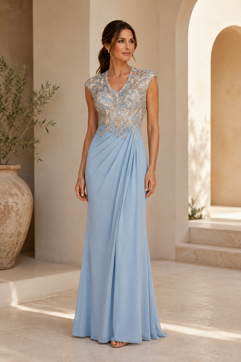 Abendkleid mit Illusionsspitze, Perlenmieder und schmalem Rock