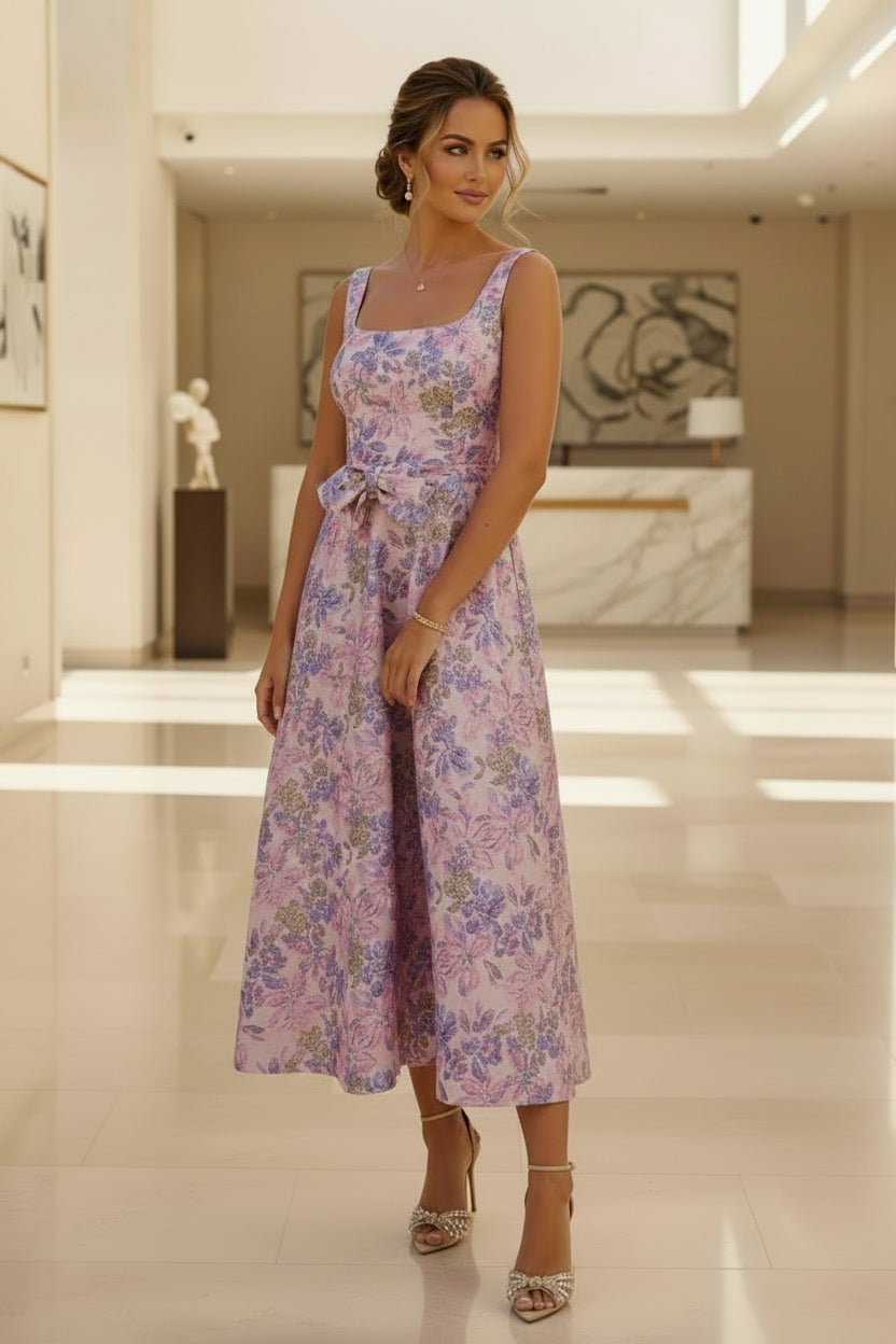 Geblümtes Jacquard-Midikleid mit Schleifendetail