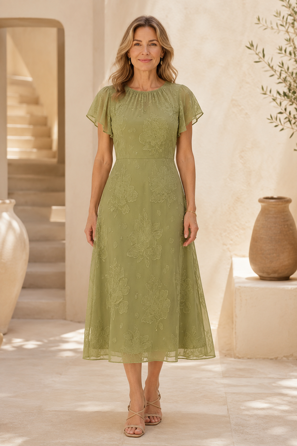 Midi-Kleid mit A-Linie, Volantärmeln und Stickereien