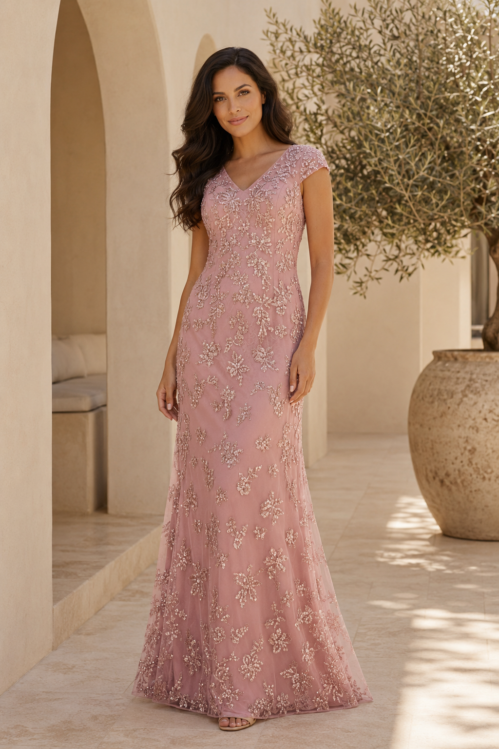 Abendkleid mit V-Ausschnitt, Stickerei und kurzen Ärmeln