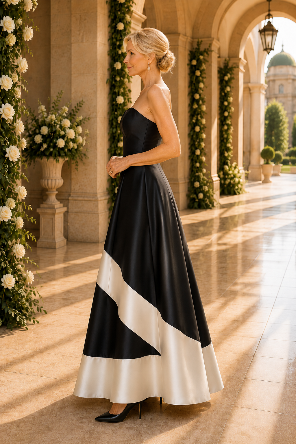 Trägerloses A-Linien-Kleid mit diagonalem Kontrastband