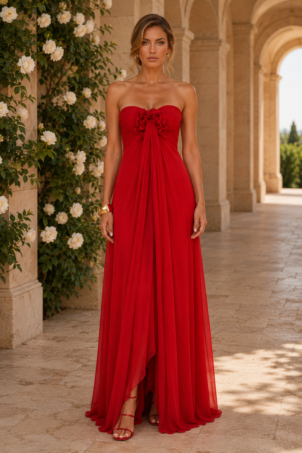 Trägerloses, drapiertes Chiffonkleid mit 3D-Blüten-Oberteil