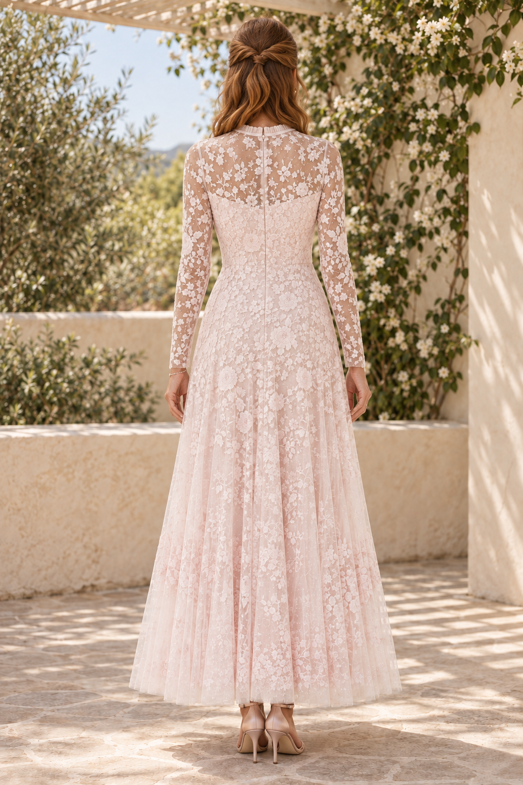 Embroidered Floral Lace Long Sleeve Ankle Dress