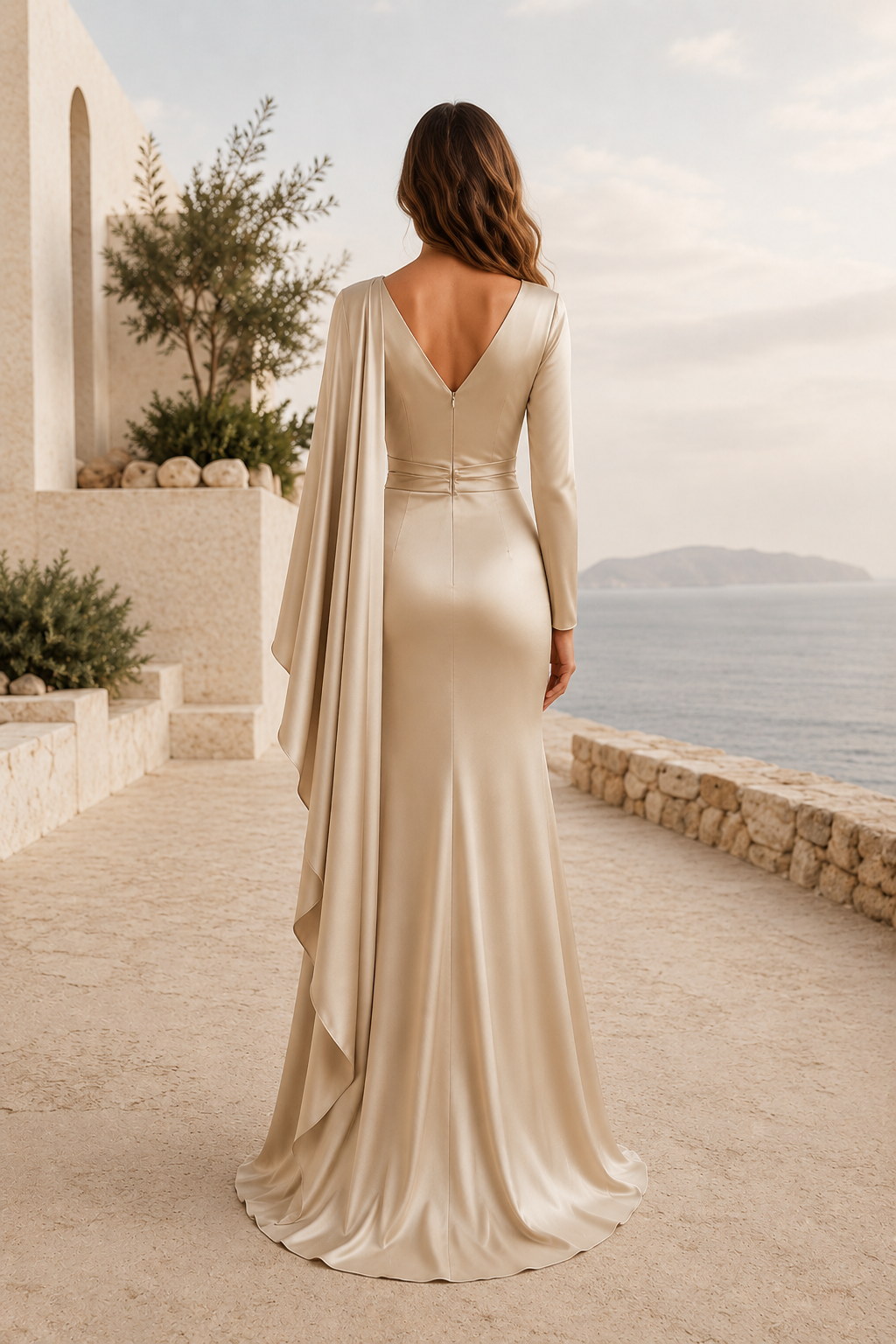 Langärmliges Satin-Meerjungfrauenkleid mit Cape-Drapierung