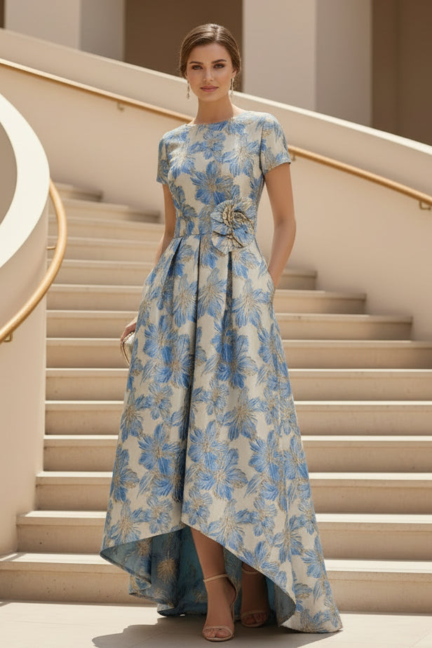 Blumen-Jacquard-High-Low A-Linien-Abendkleid