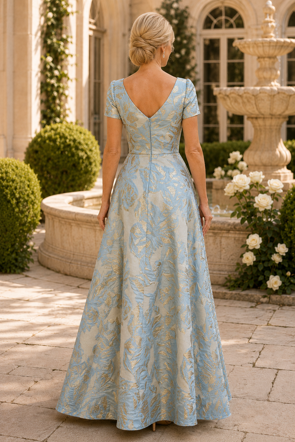 Kurzarm-A-Linien-Kleid aus Jacquard mit gestuften Rüschen